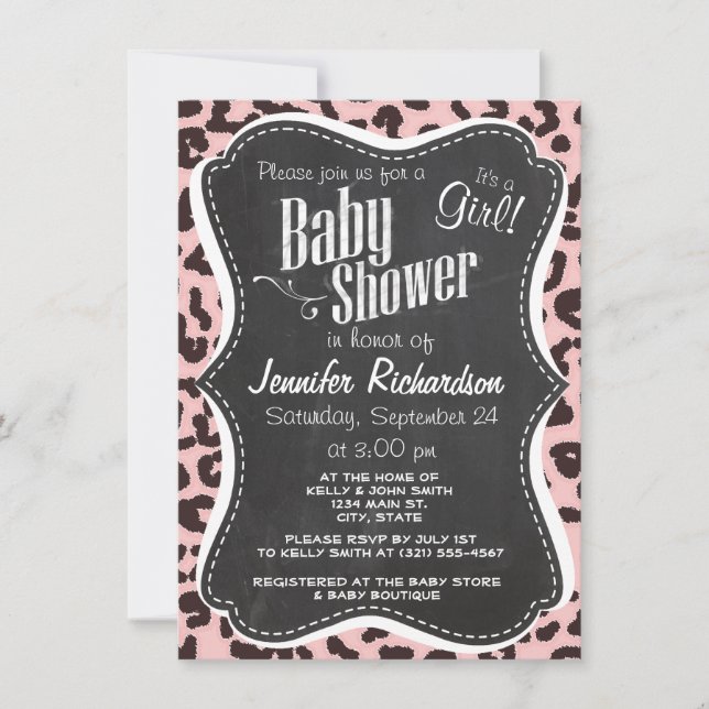 Baby Pink Leopard Animal Print; Chalkboard Invitation (Front)