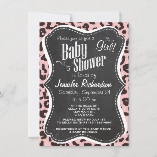 Baby Pink Leopard Animal Print; Chalkboard Custom Announcement