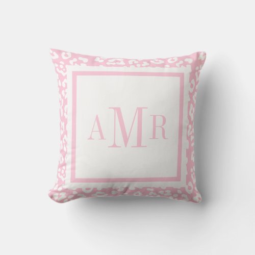 Baby Pink Leopard Print Monogram Initials Throw Pillow