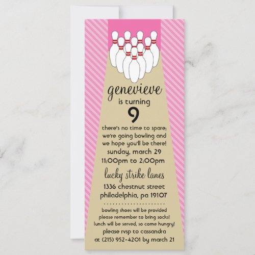 Baby Pink Lucky Strike Bowling Birthday Party Personalized Invite