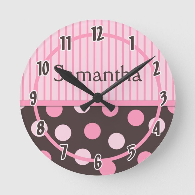 Baby Pink Modern Mod Polka Dot Personalized Clock (Front)