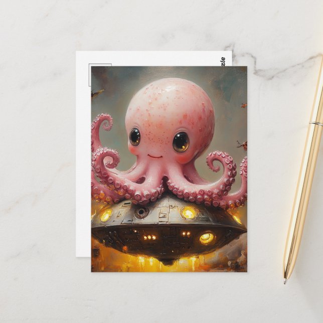 Baby Pink Octopus UFO Postcard (Front/Back In Situ)