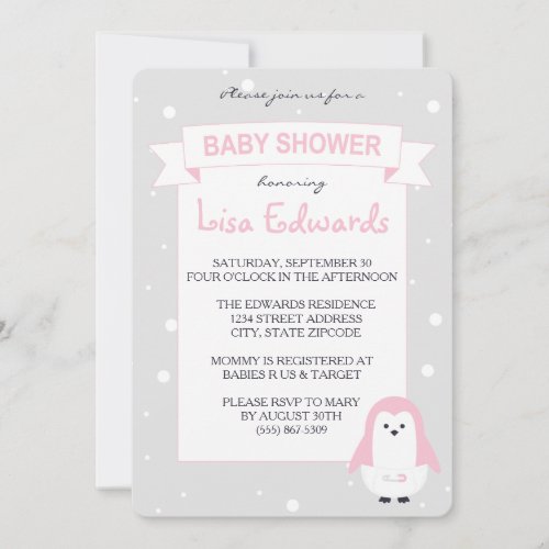 Baby Pink Penguin Baby Shower Invitation
