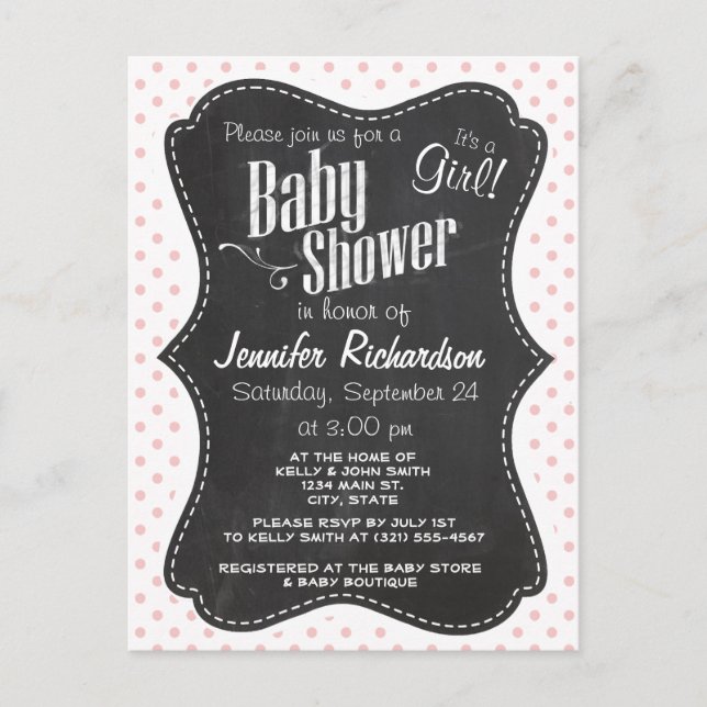 Baby Pink Polka Dots; Chalkboard Invitation Postcard (Front)