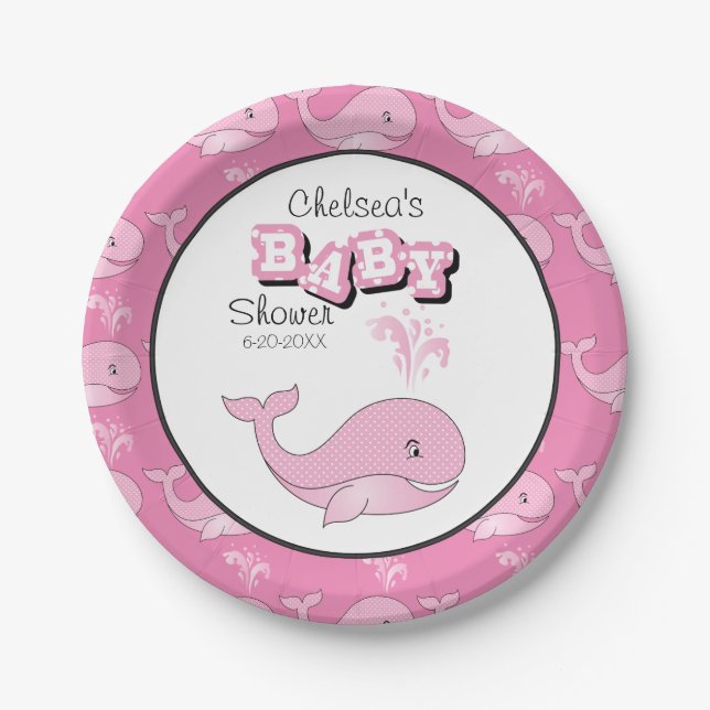 Baby Pink Polka Dotted Whale | Personalize Paper Plates (Front)