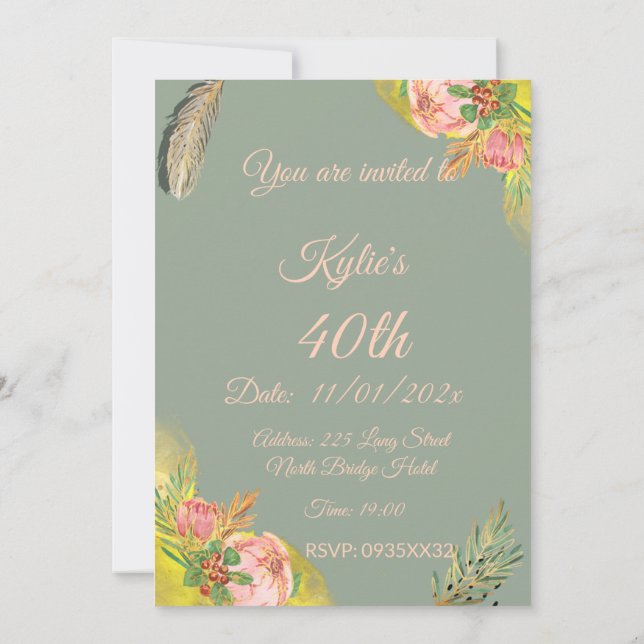 Baby Pink Proteas 40th Invitation (Back)
