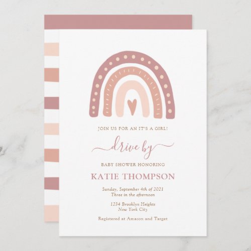 Baby Pink Rainbow Itâs a Girl Drive By Baby Shower Invitation