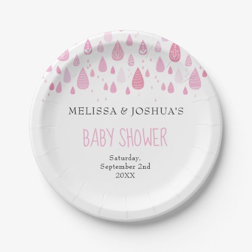 Baby pink raindrops couples baby shower paper plates