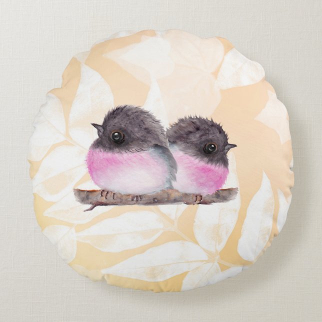 Baby Pink Robin Birds Round Pillow (Front)