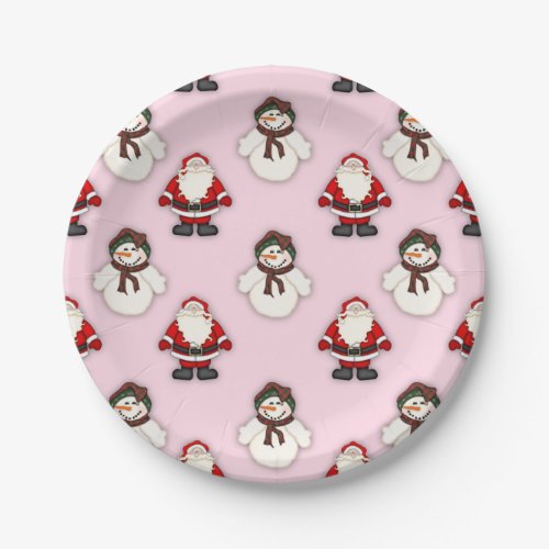 Baby Pink Santa And Snowman 7 Inch Paper Plate