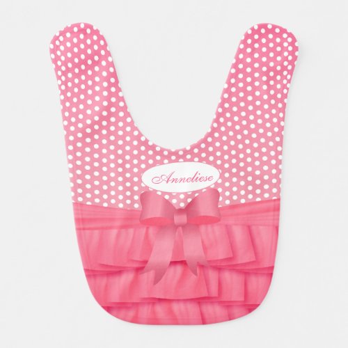 Baby Pink Satin Ruffles  Bow with Polka Dots Bib