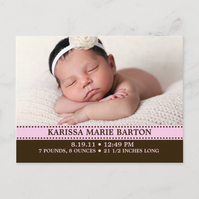 Baby Pink Simply Charming Photo Birth Announcement Postcard (Front)