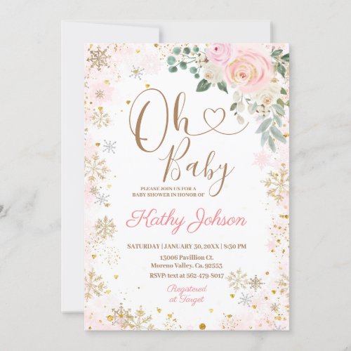 Baby Pink Snowflake Floral Baby Shower Invitation