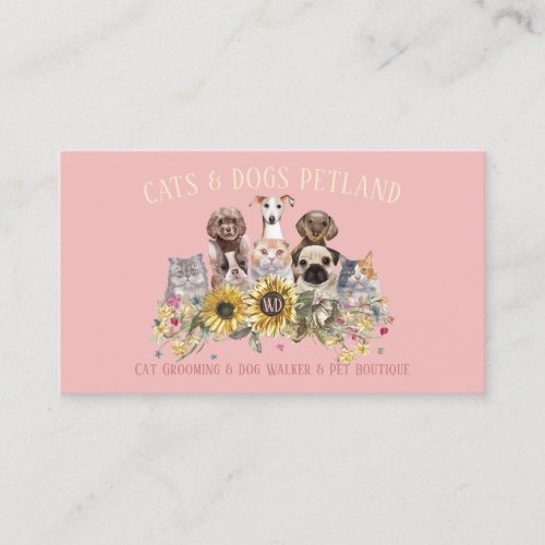 Baby Pink Sunflower Dog Walker Cat Grooming Pet Business Card