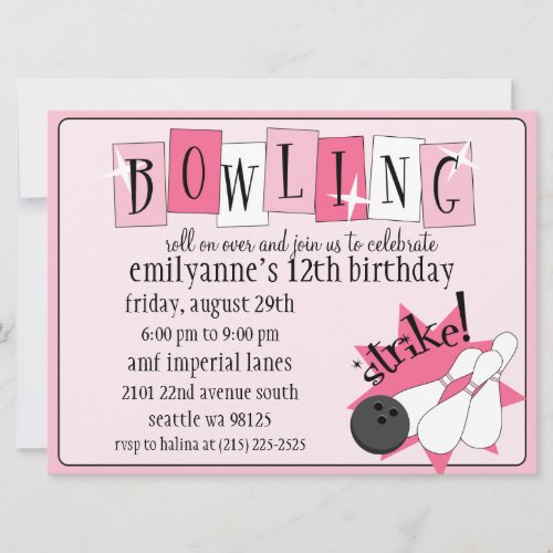 Baby Pink Totally Retro Bowling Birthday Party Invites
