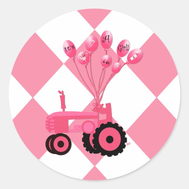 Baby Pink Tractor with Balloons Stickers (Front)