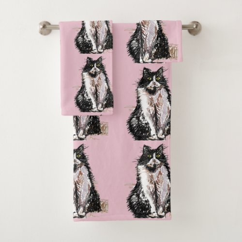 Baby Pink Tuxedo Black Cat Cats Girls Towel Set