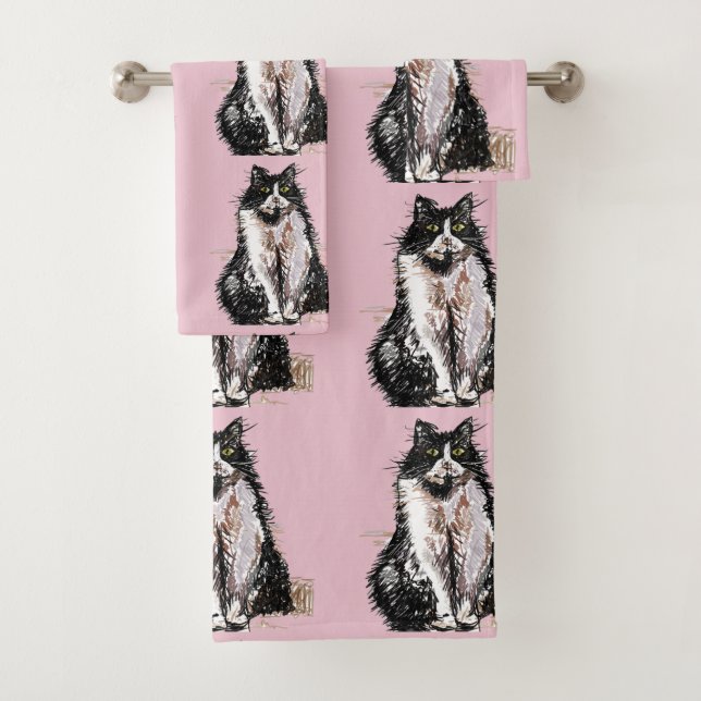Baby Pink Tuxedo Black Cat Cats Girls Towel Set (Insitu)