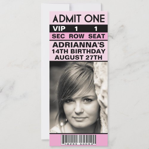 Baby Pink VIP Photo Ticket Birthday Party Personalized Invitations