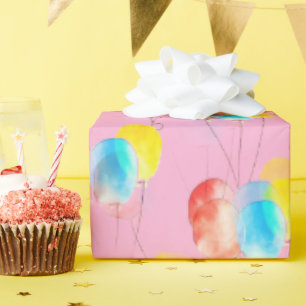 Baby Pink Watercolor Balloon Pattern Girl Birthday Wrapping Paper