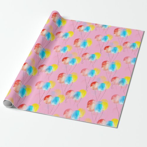 Baby Pink Watercolor Balloon Pattern Girl Birthday Wrapping Paper