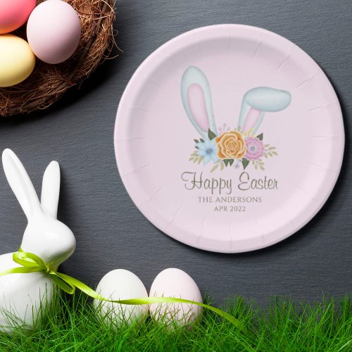 Baby Pink Watercolor Floral Bunny Ears Easter Paper Plates
