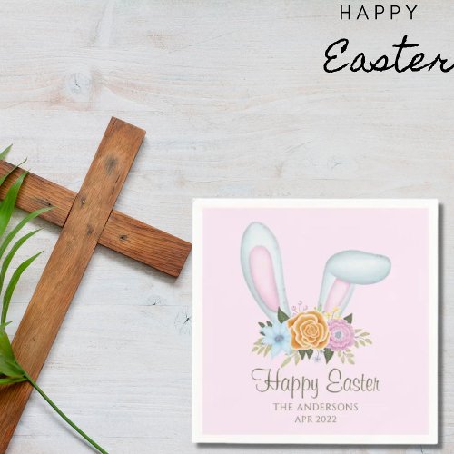 Baby Pink Watercolor Flowers Bunny Ears Easter  Napkins