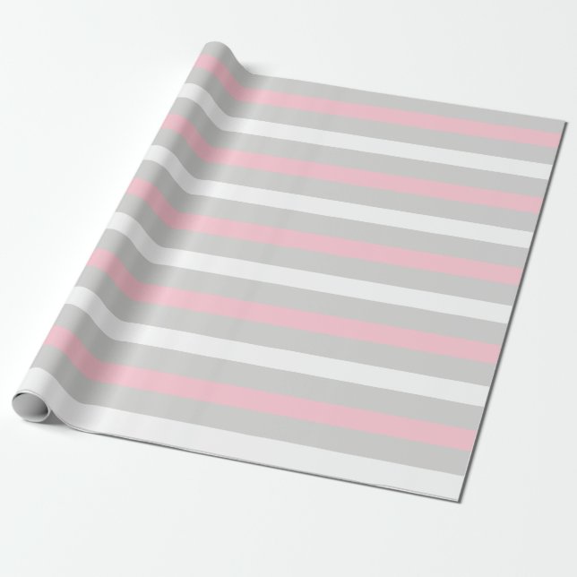 Baby Pink White and gray striped wrapping paper (Unrolled)