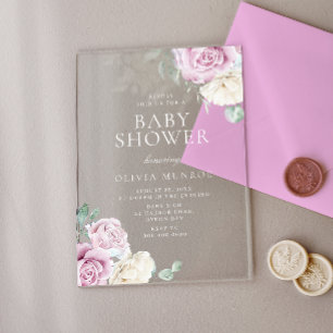 Baby Pink & White Floral Baby Shower Acrylic Invitations
