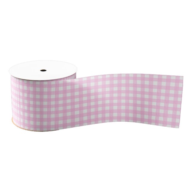 Baby Pink White Gingham Check Patterned Grosgrain Ribbon (Spool)