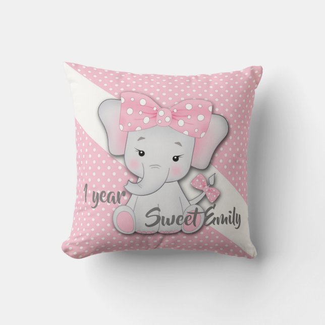 Baby pink white gray cartoon elephant personalize throw pillow (Front)
