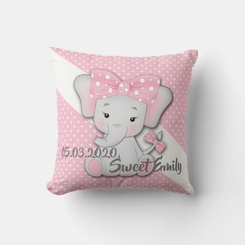 Baby pink white gray cartoon elephant personalize throw pillow
