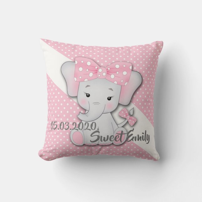 Baby pink white gray cartoon elephant personalize throw pillow (Front)
