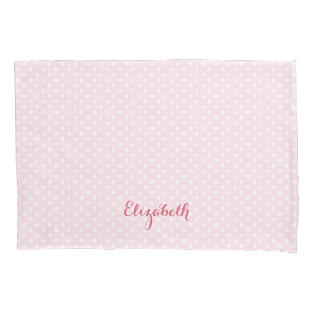 Baby Pink White Polka Dots Pattern Monogrammed Pillow Case (Front)