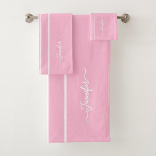Baby Pink White Racing Stripes Monogram Girls Kids Bath Towel Set