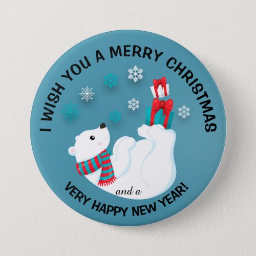 Baby Polar Bear and Gifts on Blue Merry Christmas Pinback Button