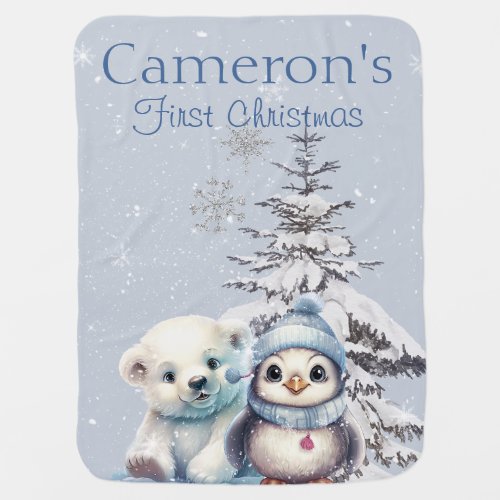 Baby Polar Bear and Penguin Babys First Christmas Baby Blanket