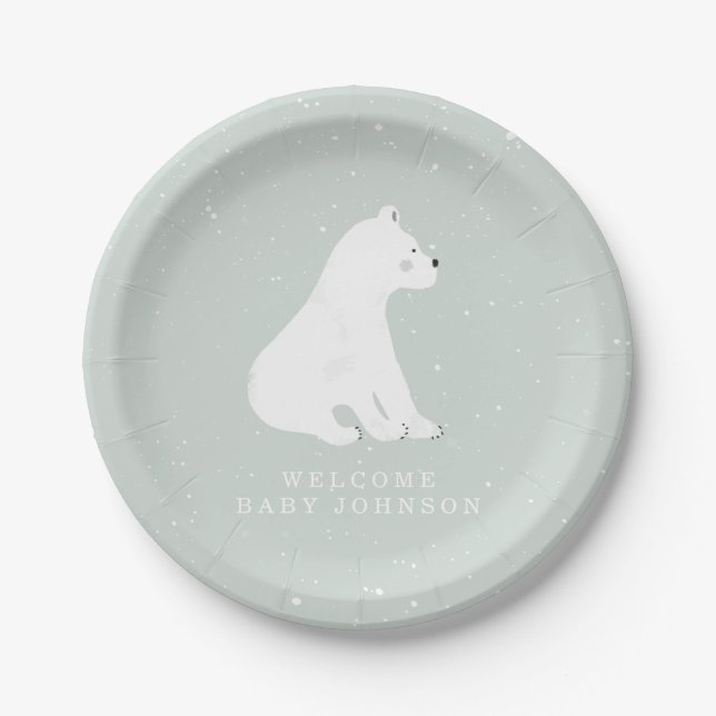Baby Polar Bear Cub Blue Winter Baby Shower Paper Plates (Front)