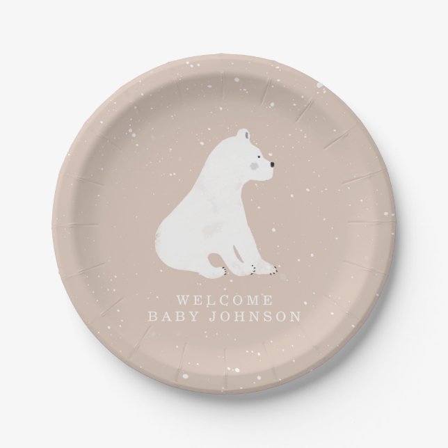 Baby Polar Bear Cub Pink Winter Baby Shower Paper Plates (Front)