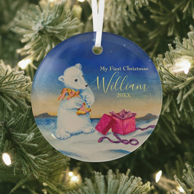Baby Polar Bear First Baby Christmas Glass Ornament (Insitu)