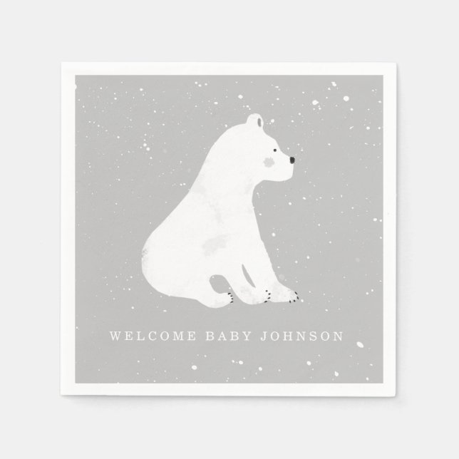 Baby Polar Bear Gray Winter Baby Shower Napkins (Front)
