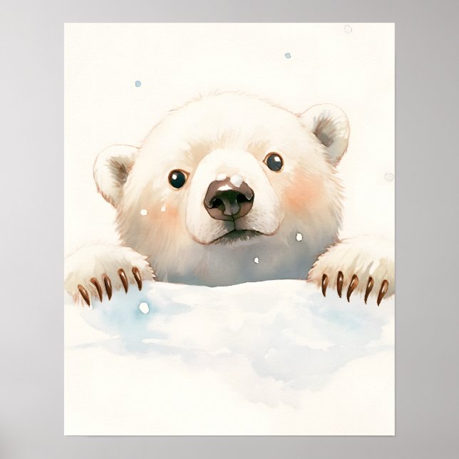 Baby Polar Bear In the Snow Holiday Painting  Poster (Front)