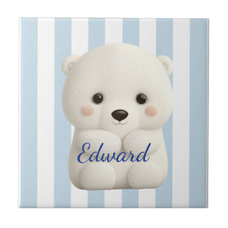 Baby Polar Bear on Stripes Ceramic Tile