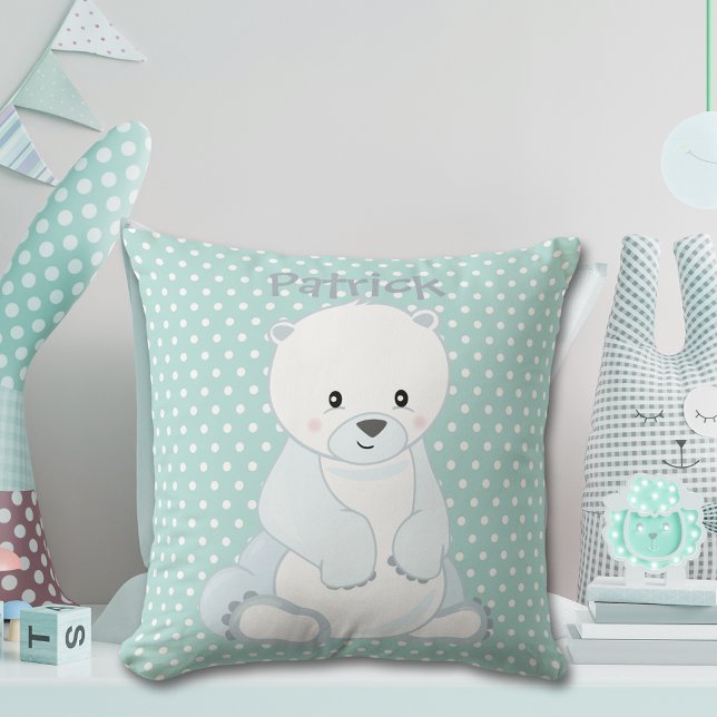 Baby Polar Bear Pastel Green Polka-Dot Monogram Throw Pillow (Creator Uploaded)