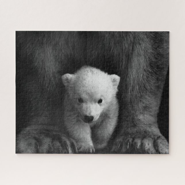Baby Polar Bear with Mother, Black and White Jigsaw Puzzle (Horizontal)