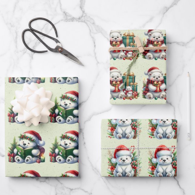 Baby Polar Bears Christmas Kids Wrapping Paper Sheets (Front)
