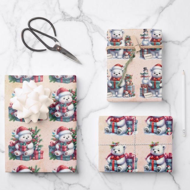 Baby Polar Bears Christmas Kids Wrapping Paper Sheets (Front)
