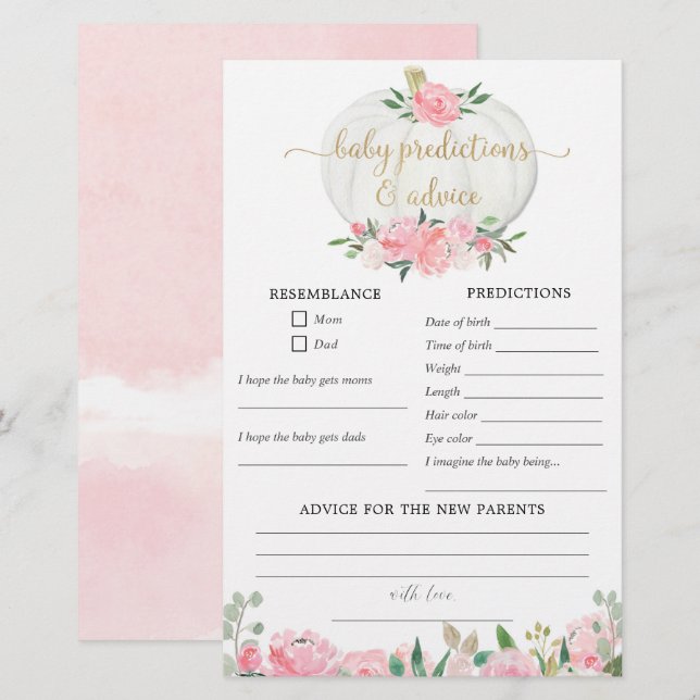 Baby predictions advice card fall pumpkins girl (Front/Back)