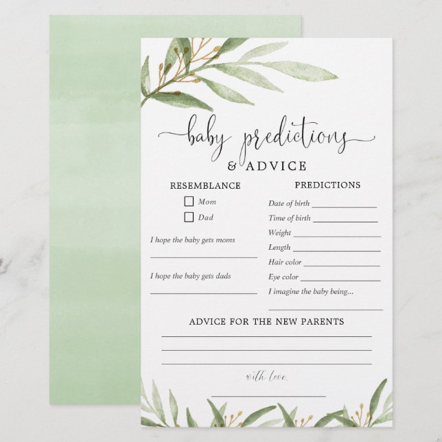 Baby predictions advice card greenery gold (Front/Back)