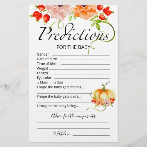 Baby predictions advice card pumpkin baby shower